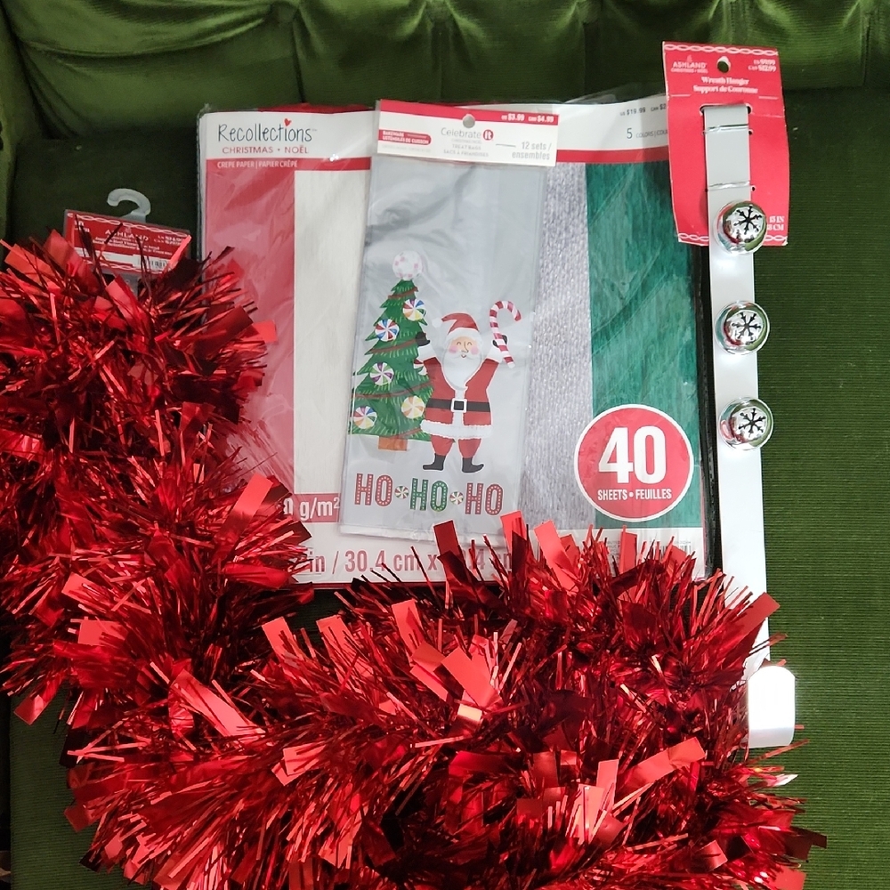 Christmas Garland, Wreath Hanger, Treat Bags And Crepe Paper